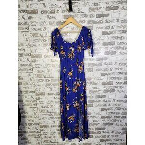 Band of‎ Gypsies Maxi Dress Size Large Blue Floral Off Shoulder Festival Boho